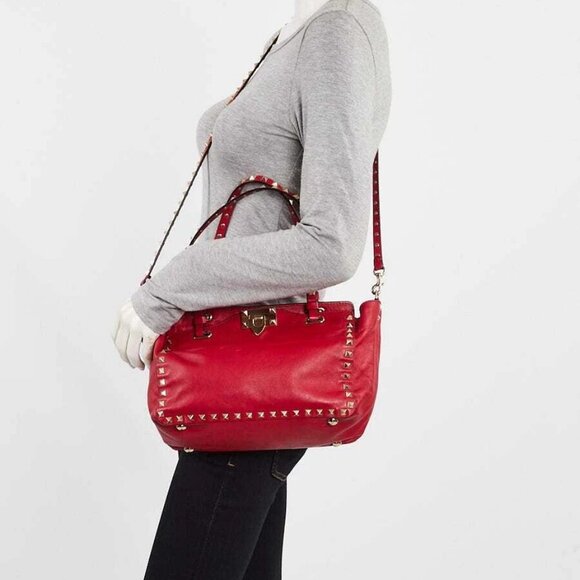 Valentino Red Leather Rockstud Trapeze Small Tote Bag - Picture 1 of 11